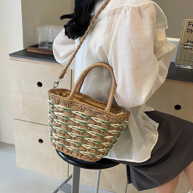 Women's Medium Straw Solid Color Vacation Beach Weave String Crossbody Bag