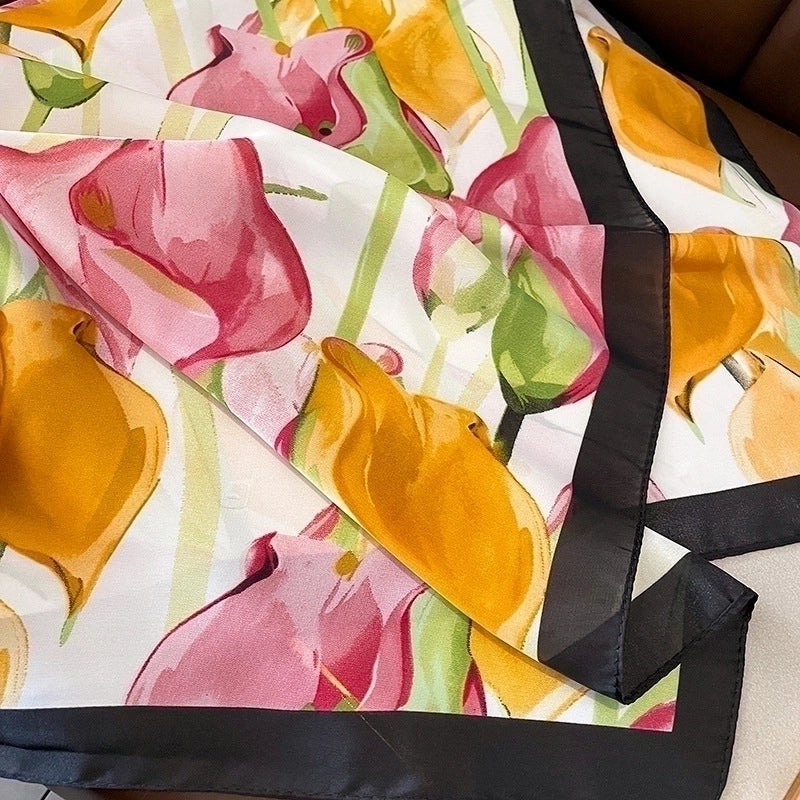 Women's Elegant Flower Satin Silk Scarf