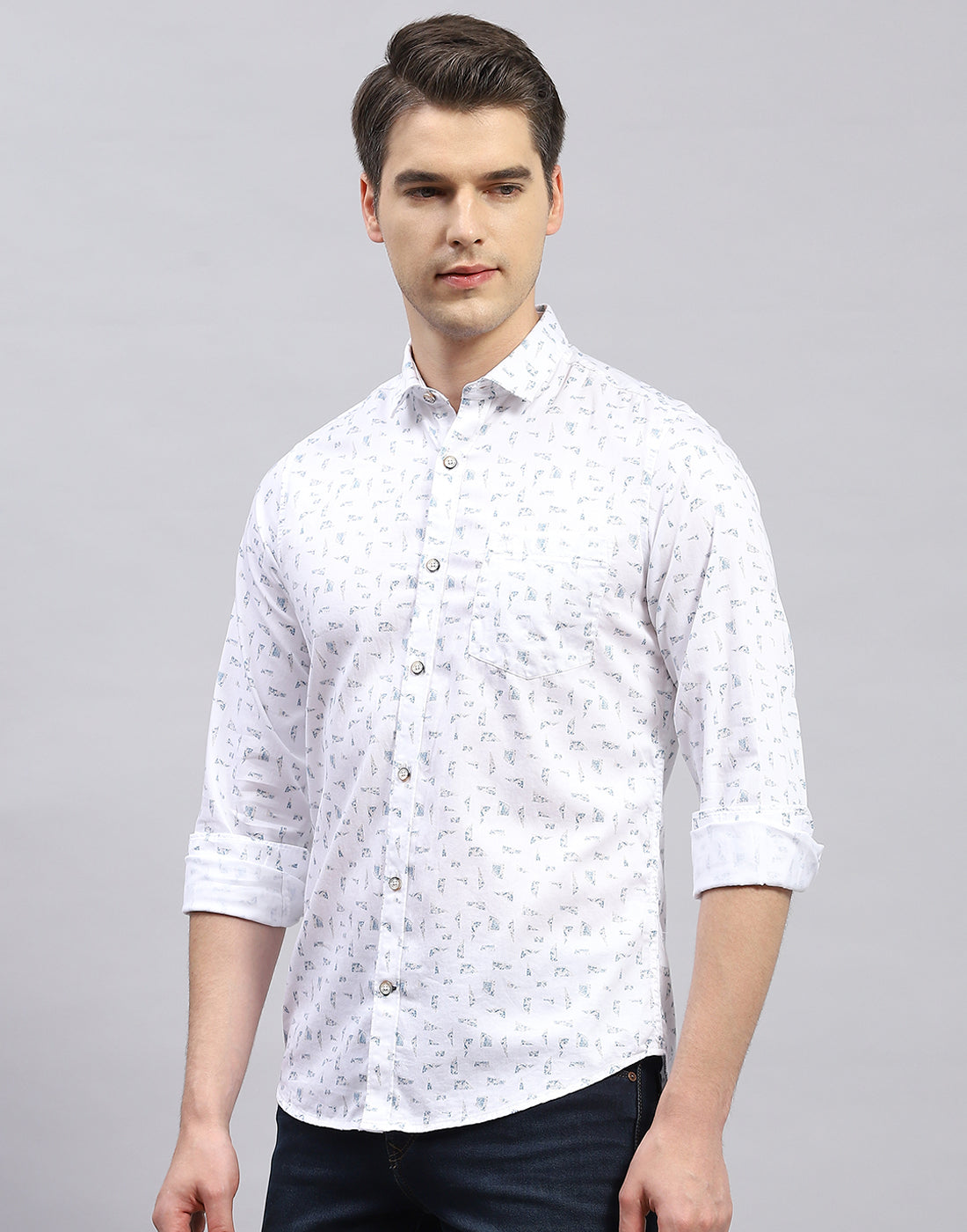 Men White Printed Collar Full Sleeve Shirt