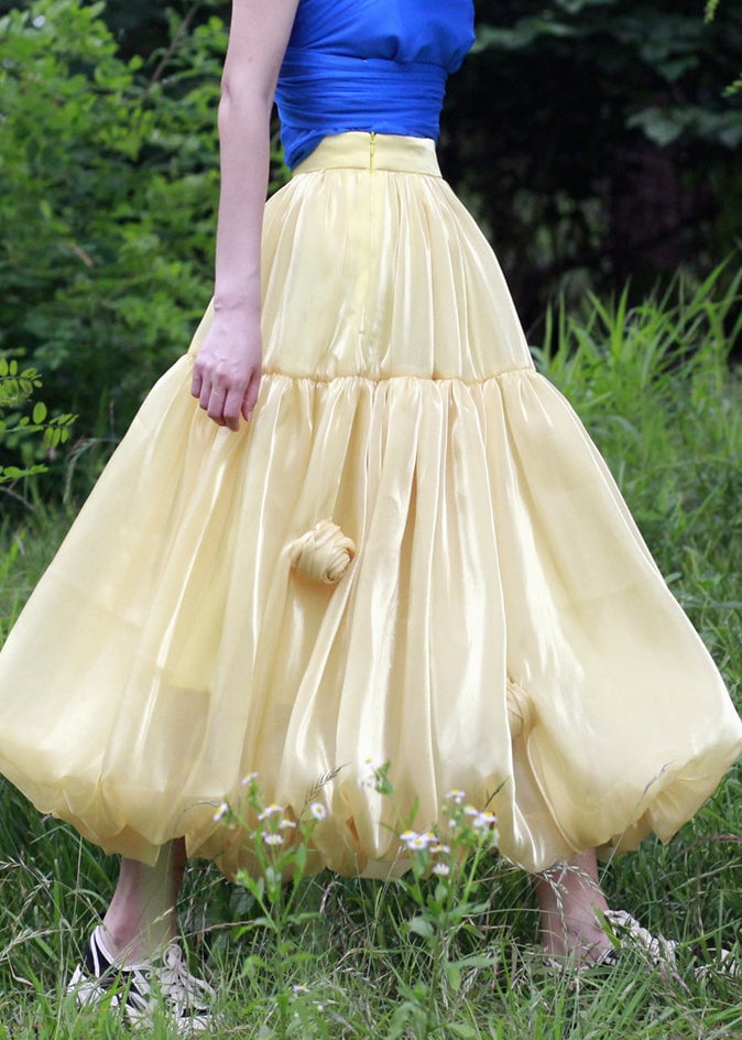 Yellow Zippered Solid Silk Skirts High Waist Summer