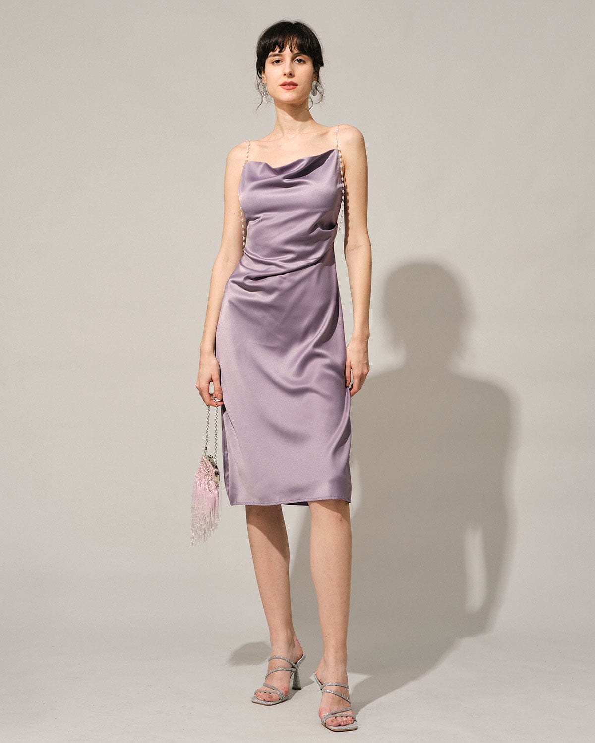 The Solid Cowl Neck Pearl Strap Midi Dress
