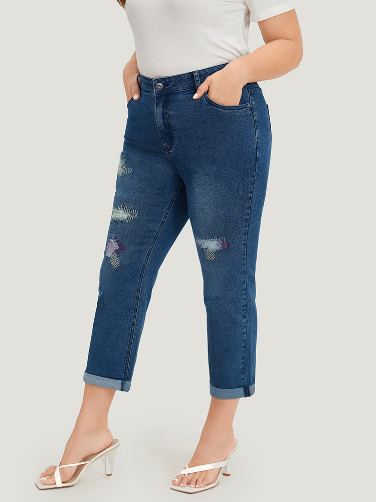 Ripped Embroidered Roll Hem Very Stretchy Jeans
