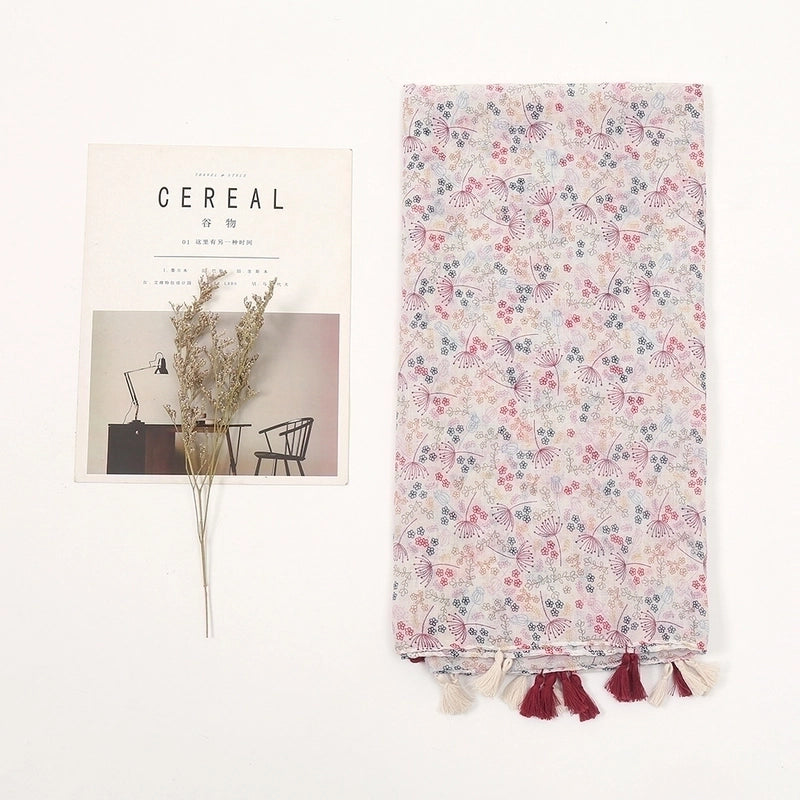 Women's Elegant Stripe Flower Cotton And Linen Tassel Scarf