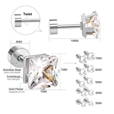 3mm Square diamond studs - Silver