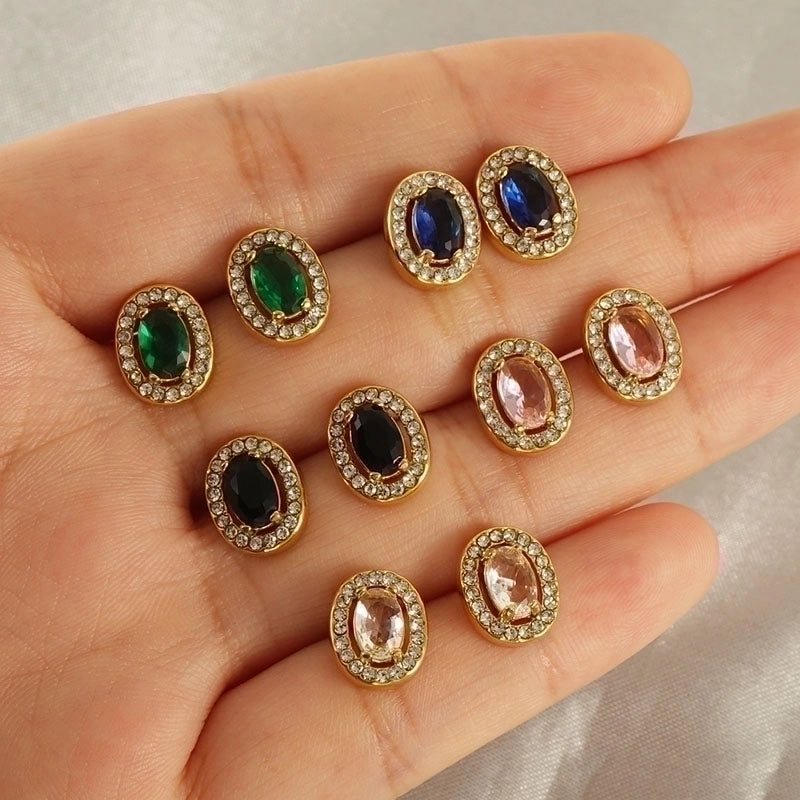 1 Pair Shiny Oval Inlay Stainless Steel Zircon 18K Gold Plated Ear Studs