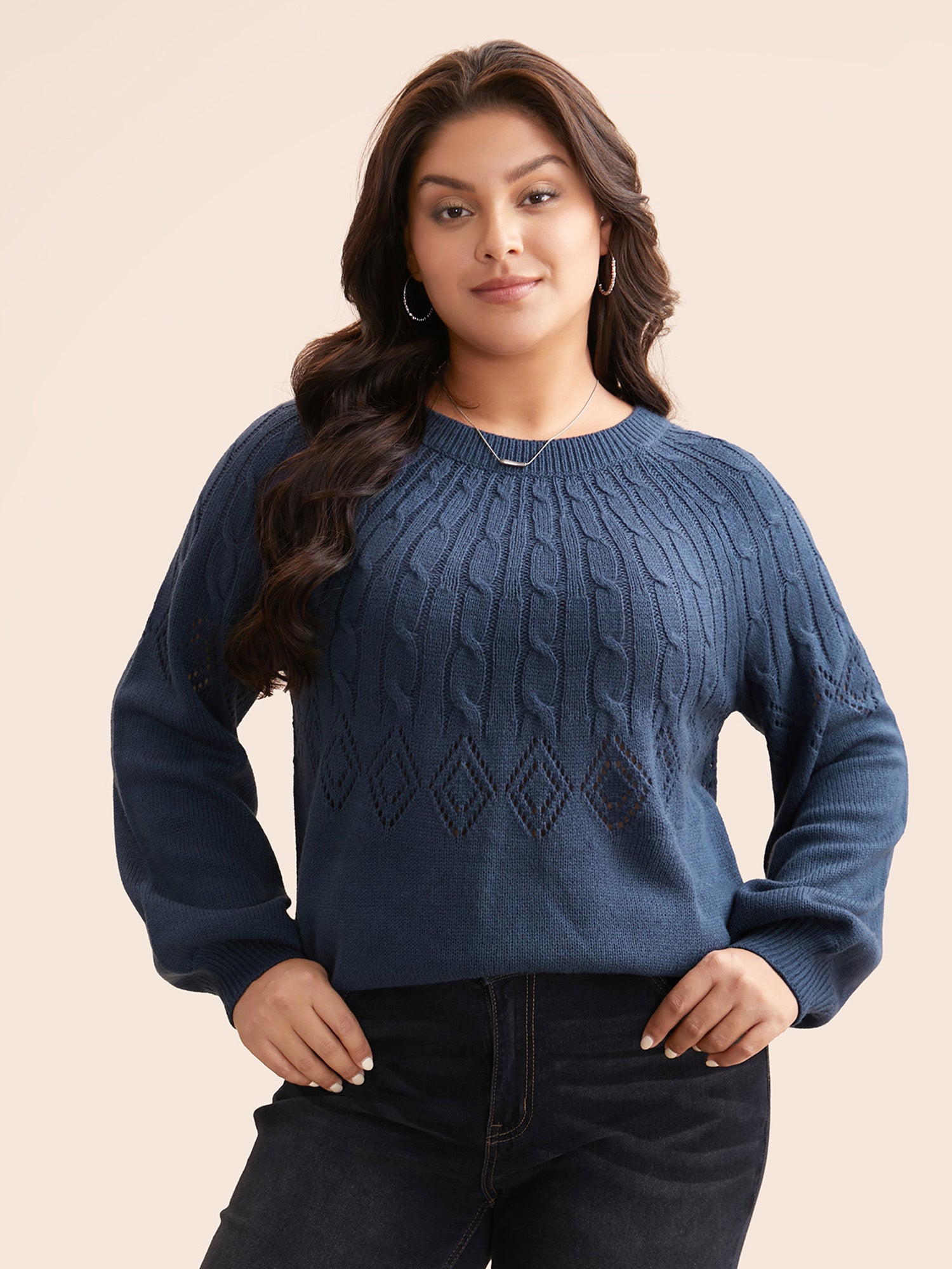 Texture Cable Knit Lantern Sleeve Pullover