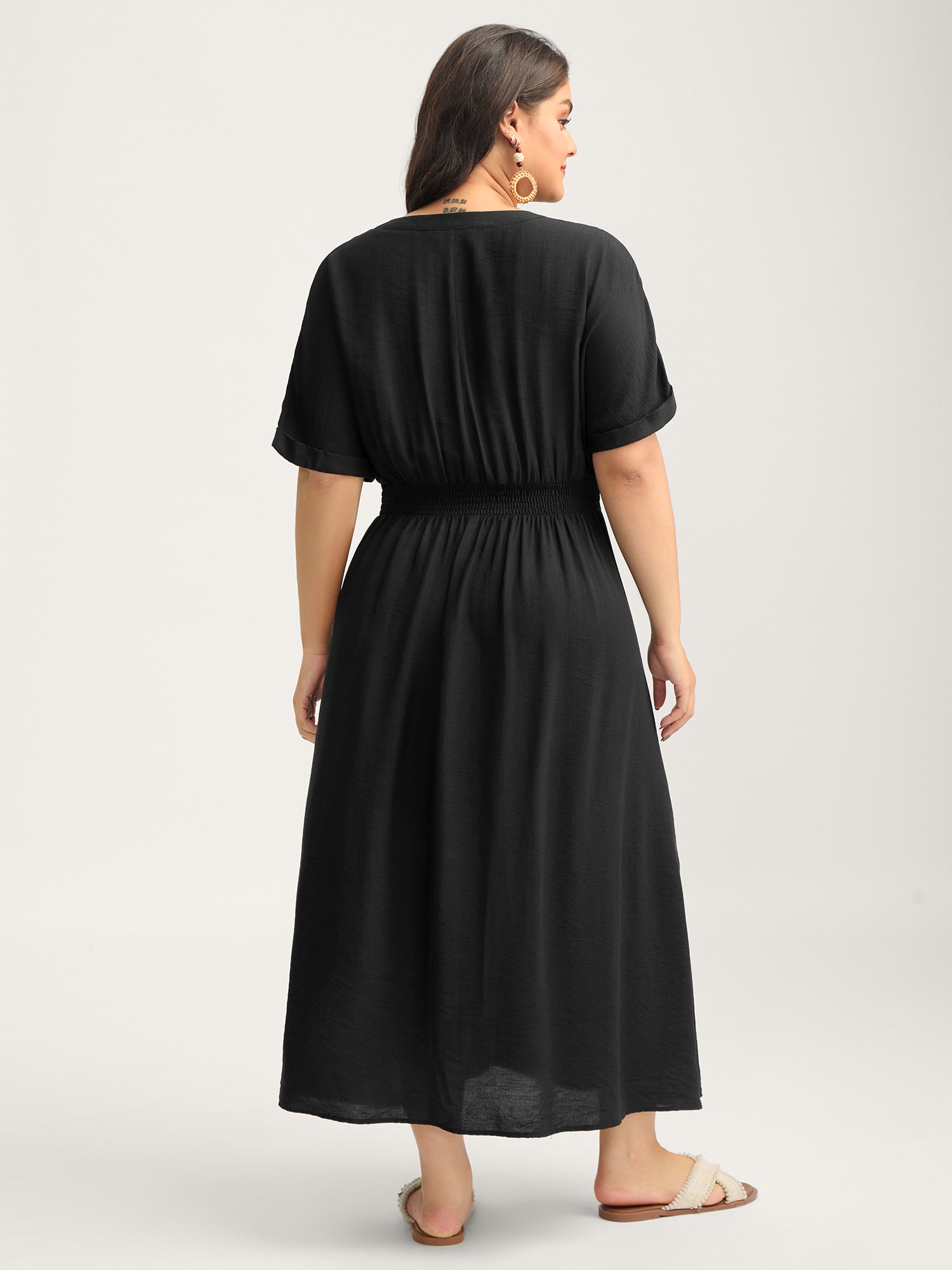 Pleated Cinched Waist Solid Midi Dress