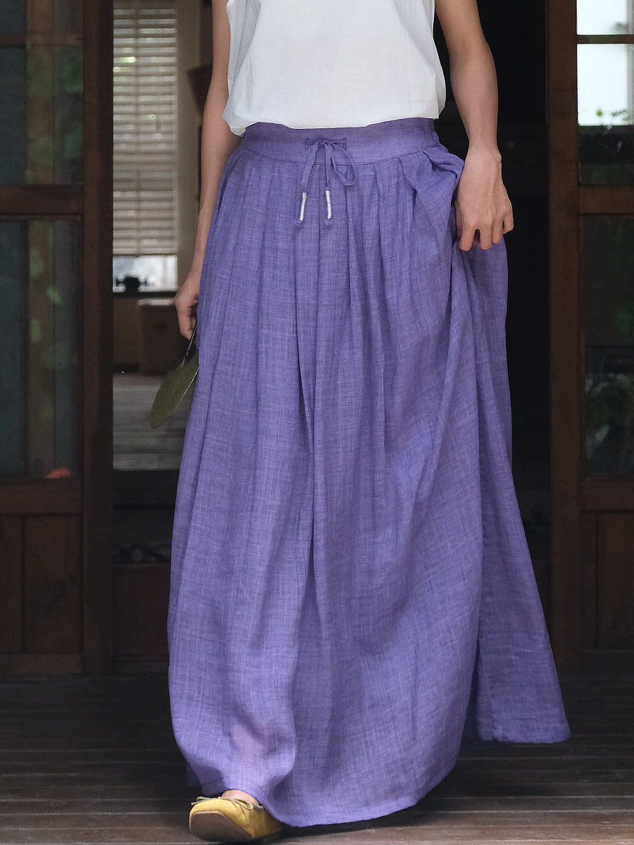 Women Summer Vintage Pure Color Ramie Skirt