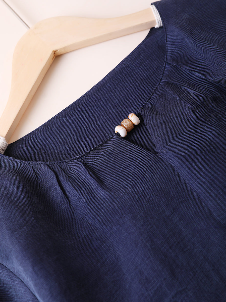 Women Summer Casual Pure Color Linen O-Neck Shirt