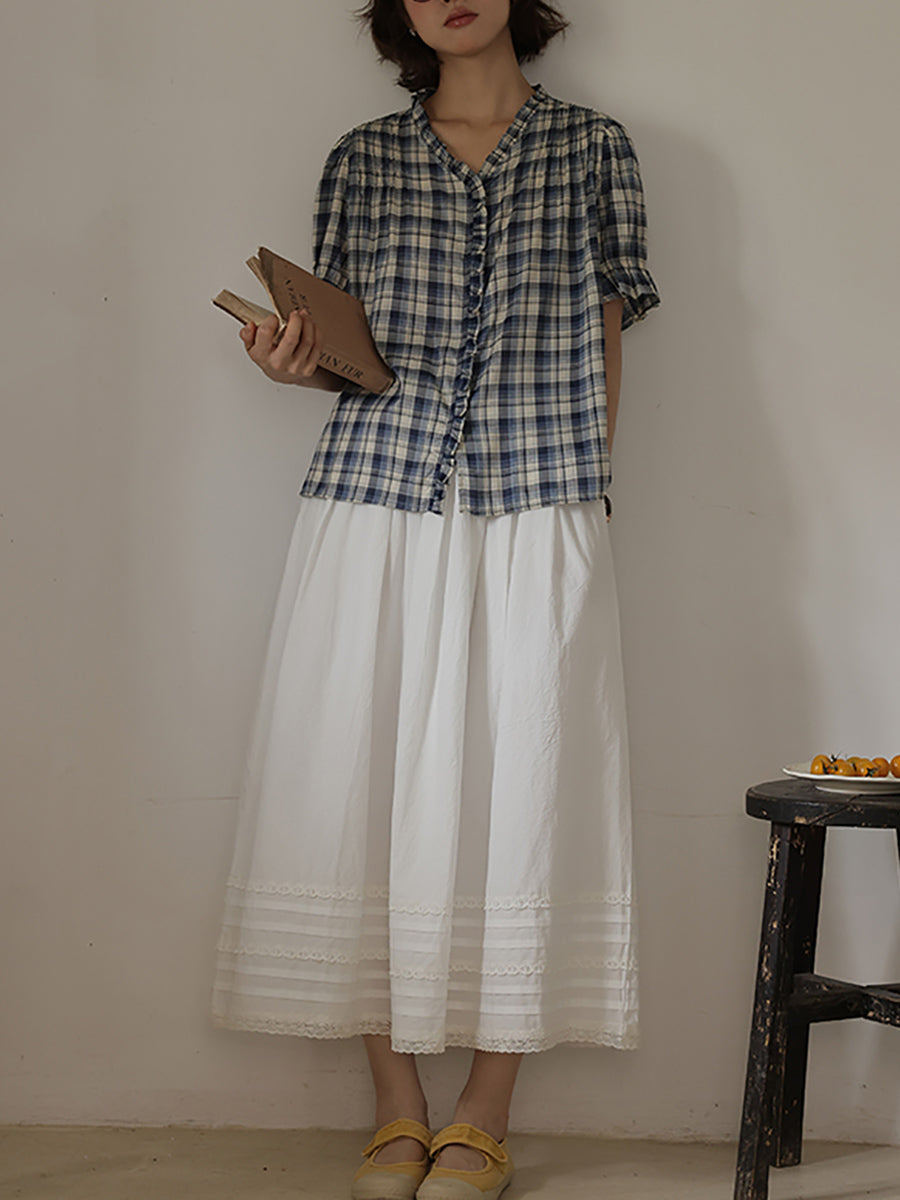Women Summer Worn Plaid V-Neck Cotton Shirt