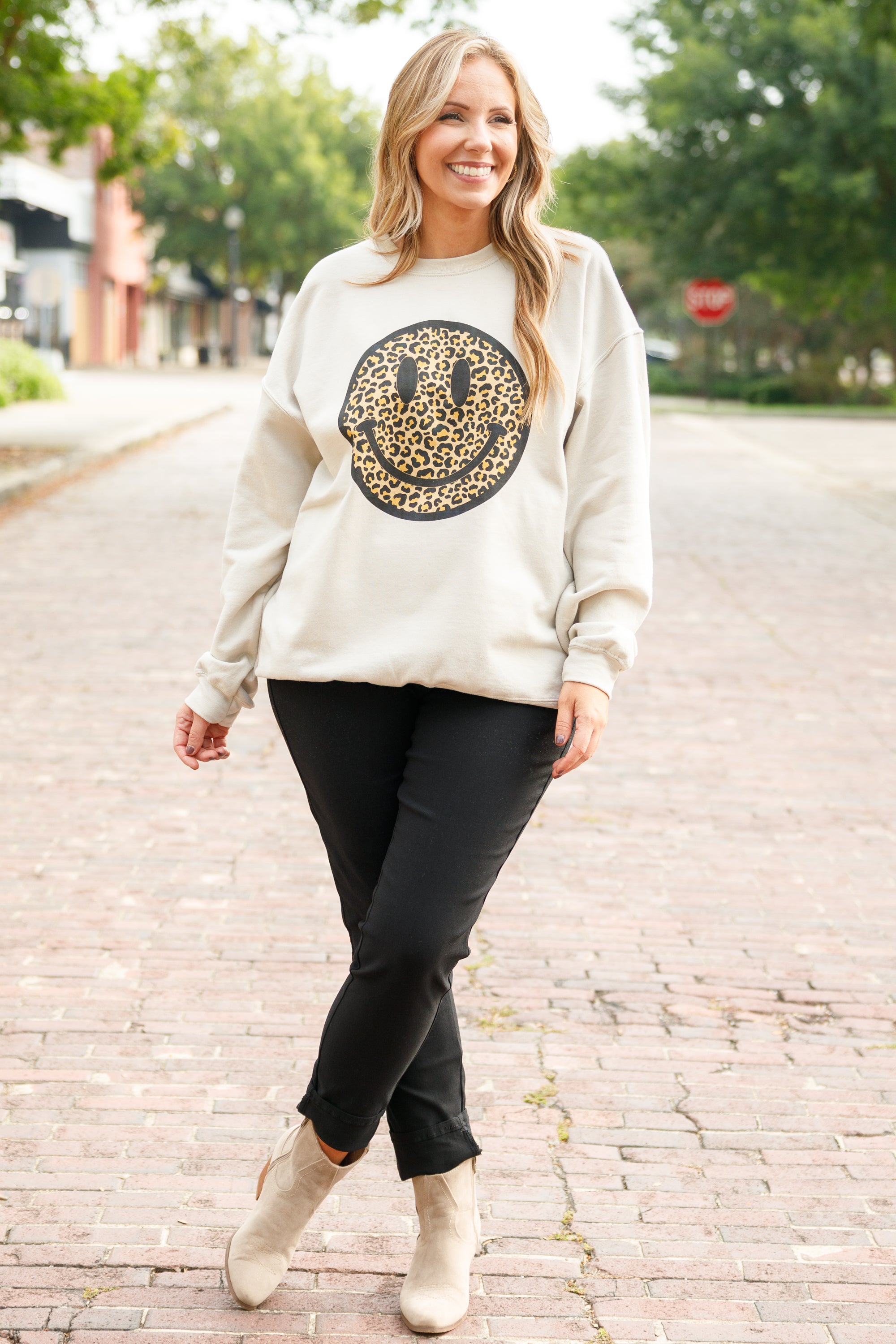 Smiley Face Sweatshirt. Sand