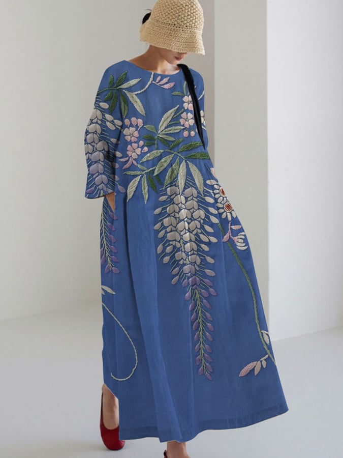Women's Vintage Embroidered Floral Print Casual Loose Dress