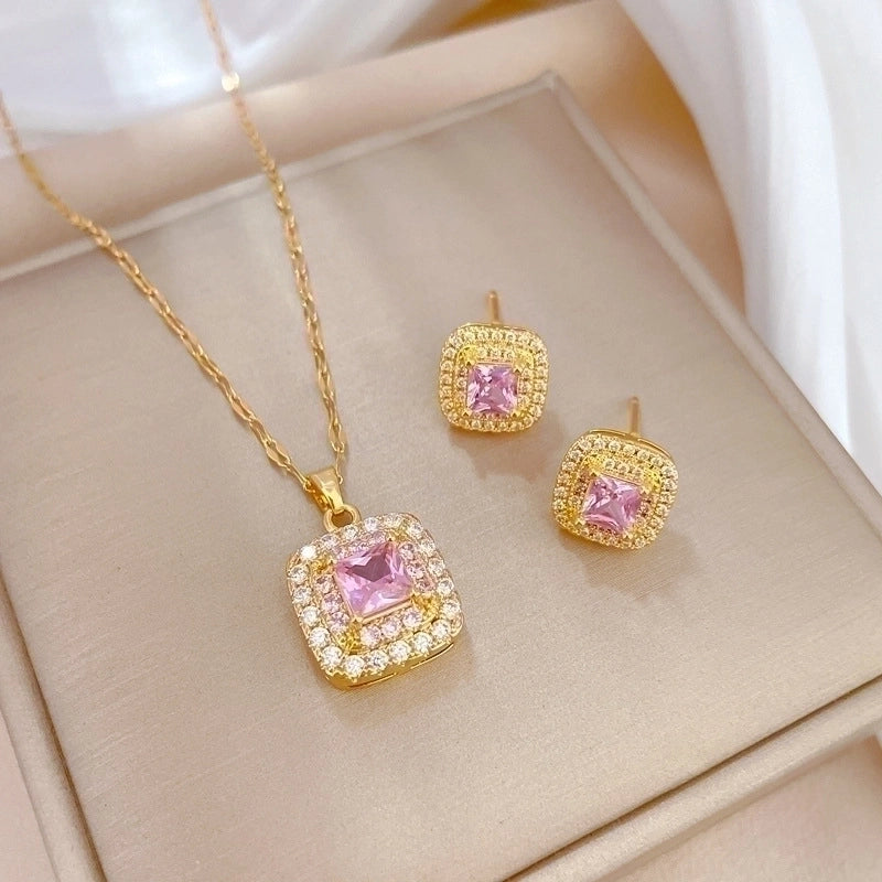 Copper Minimalist Plating Inlay Rhombus Bow Knot Zircon Jewelry Set