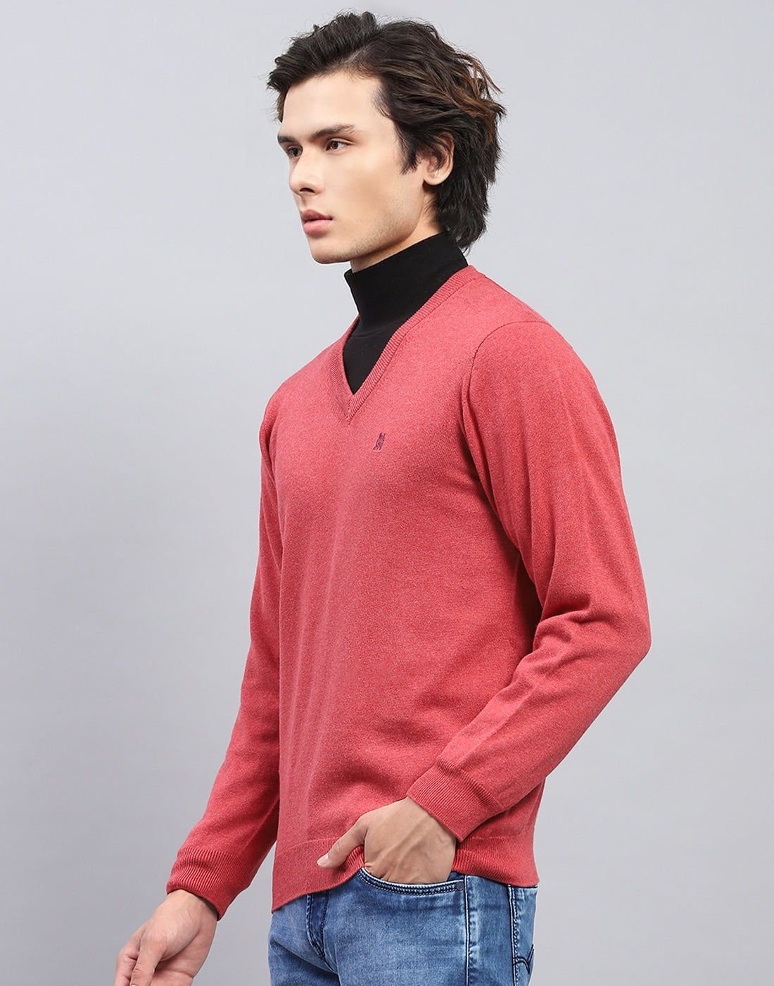 Men Pink Solid V Neck Full Sleeve Pullover