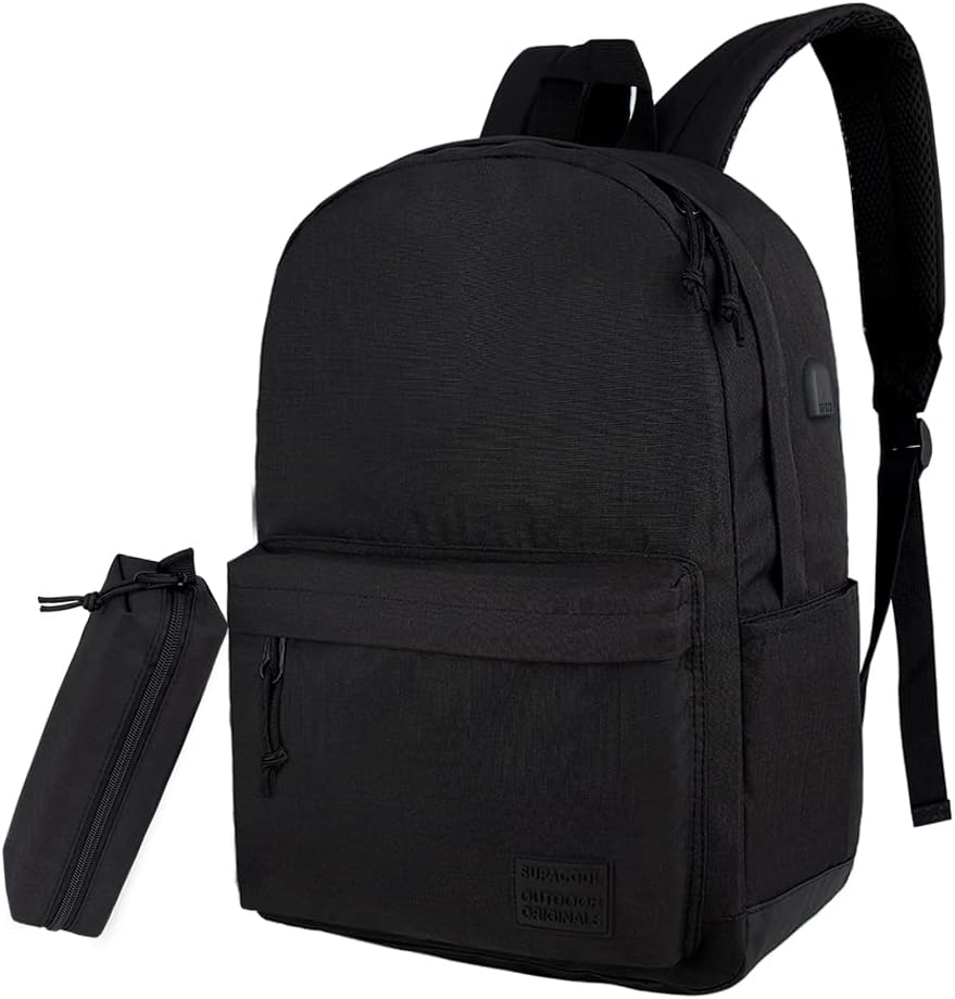 SUPACOOL Casual Laptop Backpack for Men and Women, School Backpack for Boys and Girls, College Bookbag, USB Charging Port, Lightweight Back Pack(Black)