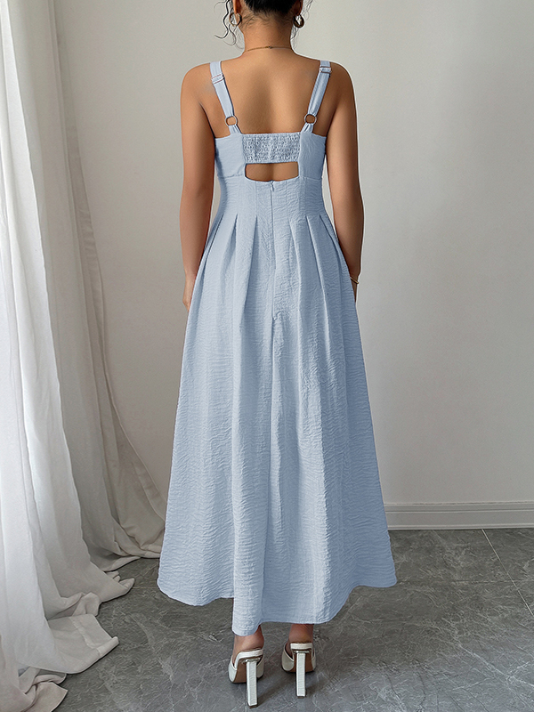 A-line High Waisted Backless Hollow Pleated Solid Color Zipper Spaghetti-Neck Midi Dresses