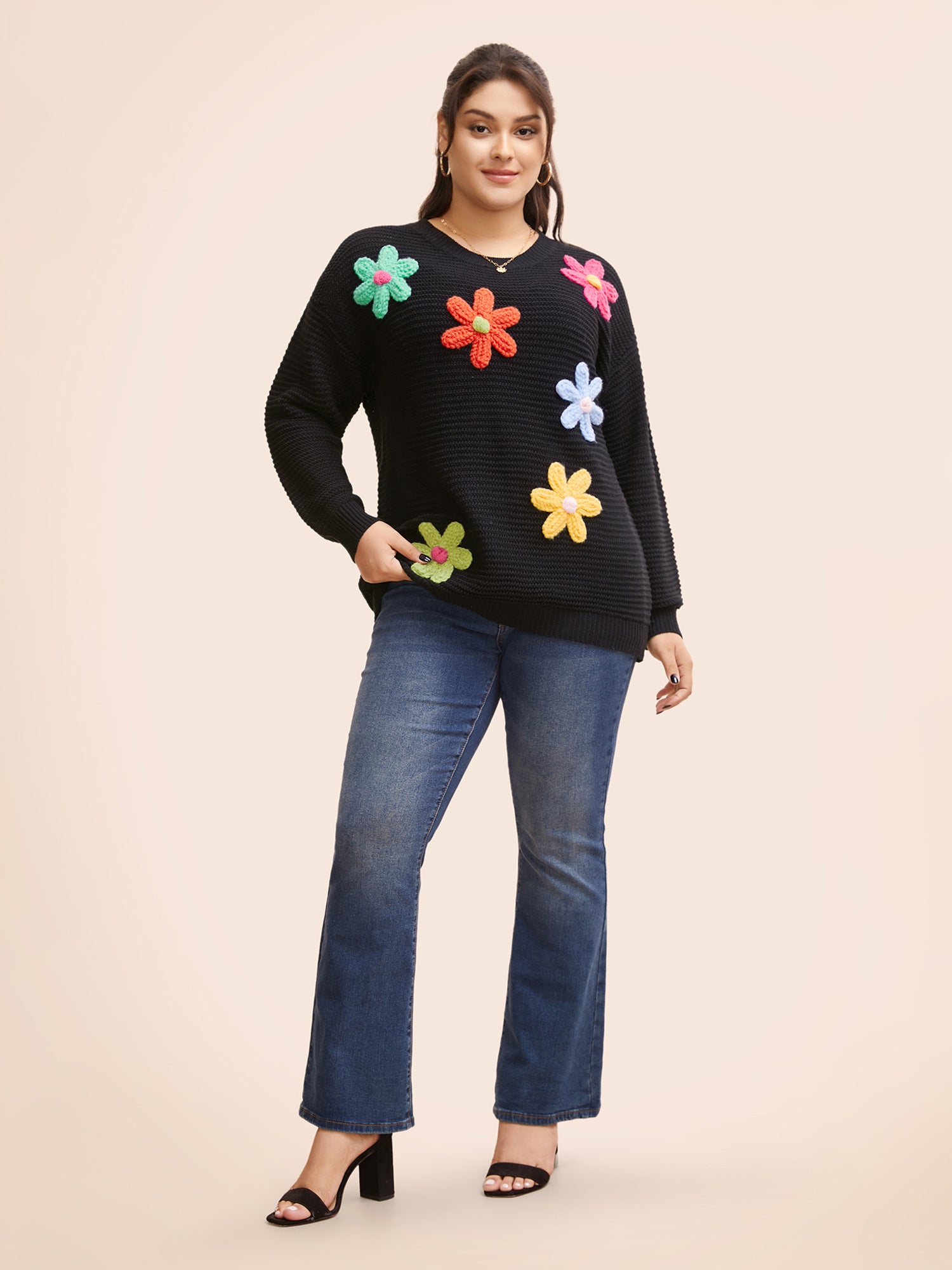 Colored Crochet Floral Drop Shoulder Sleeve Pullover