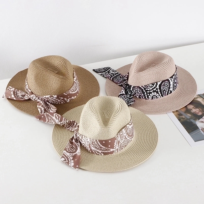 Women's Basic Classic Style Color Block Bowknot Flat Eaves Straw Hat