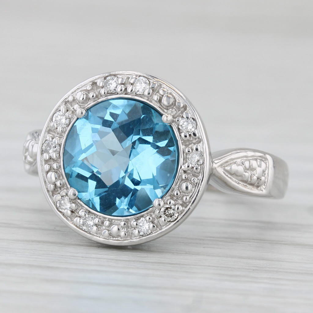 3.60ctw Blue Topaz Diamond Halo Ring 14k White Gold Size 6