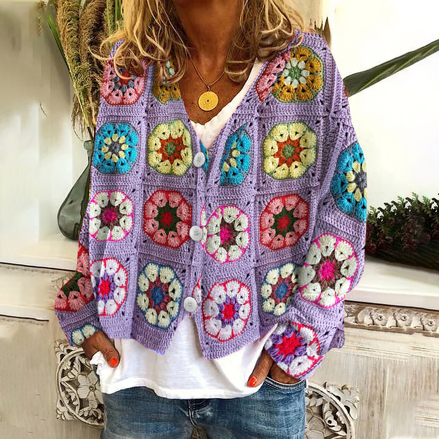 Casual Floral Blanket Print Knitted Cardigan