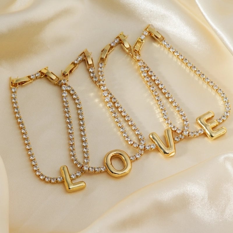 304 Stainless Steel Copper K Gold Plated Minimalist Classic Style Plating Inlay Letter Zircon Bracelets