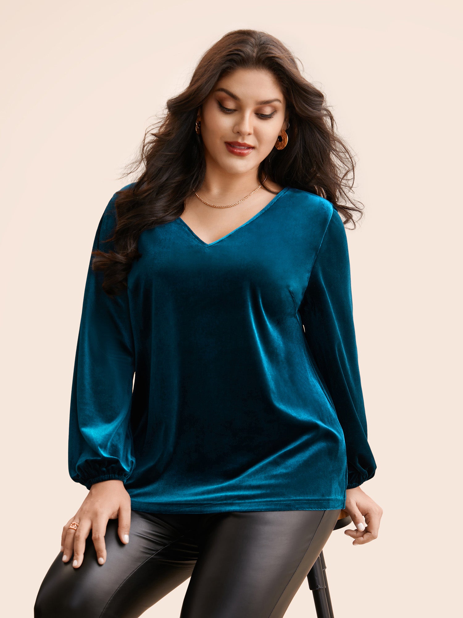 V Neck Velvet Lantern Sleeve Blouse