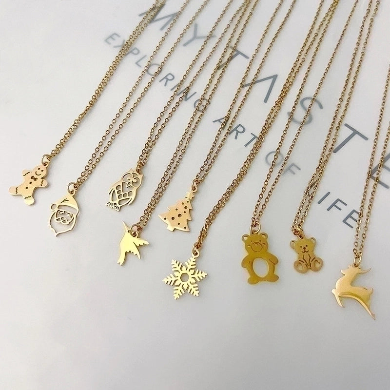 Minimalist Christmas Tree Santa Claus Gingerbread Titanium Steel Plating Hollow Out Pendant Necklace