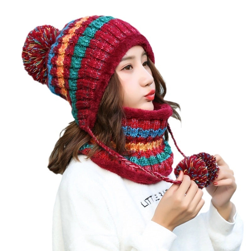 Women's Autumn And Winter Knitted Wool Hat  Fleece-lined Pullover Warm Scarf Hat Two-piece Suit Fashion Hair Generation
