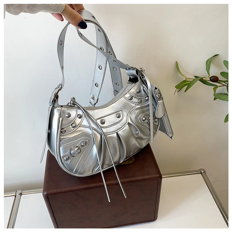 Women's Medium Summer Autumn Pu Leather Solid Color Fashion Rivet Dumpling Shape Zipper Bag Sets