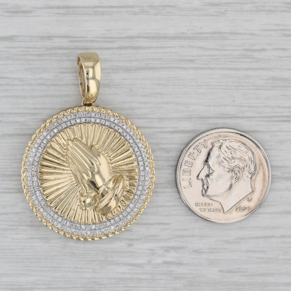 0.33ctw Diamond Framed Prayer Hands Medallion Pendant 10k Yellow Gold