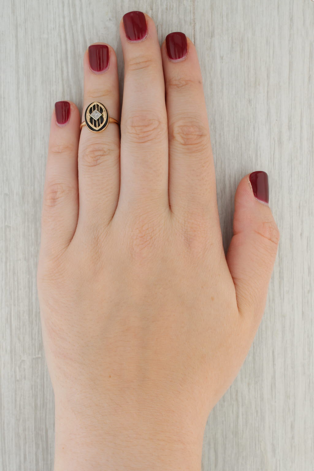 Vintage Onyx Signet Ring 10k Yellow Gold Diamond Accent
