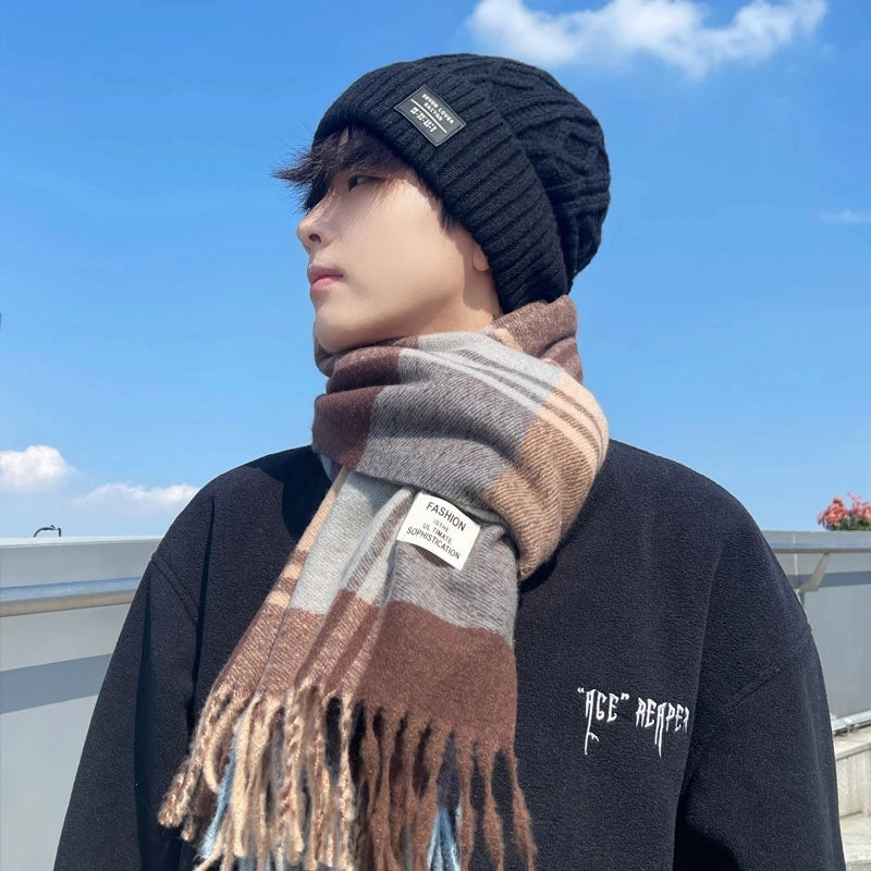 Maillard Brown Plaid Scarf Women's Autumn And Winter  Thickened Warm High-end Wearing Scarf Shawl