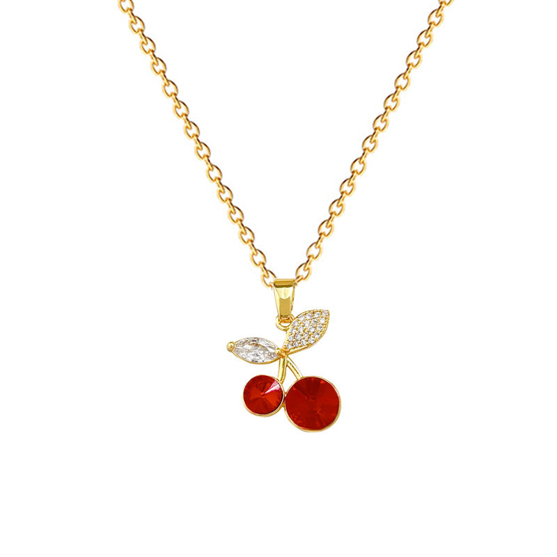 Green Leaf Cherry Oil Drop Fashion Gorgeous Full Diamond Necklace Women'S All-Match Clavicle Chain Titanium Steel