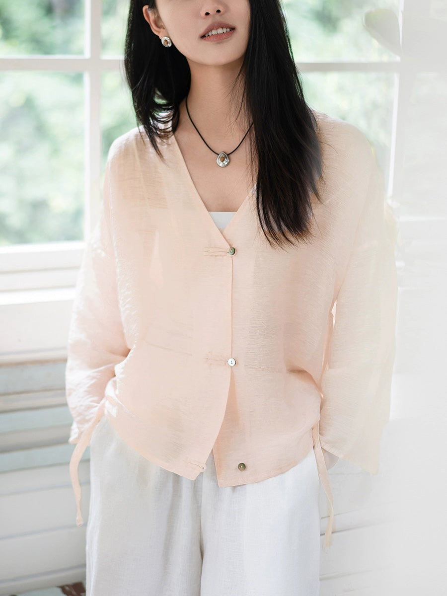 Women Summer Retro Pure Color V-Neck Linen Thin Shirt