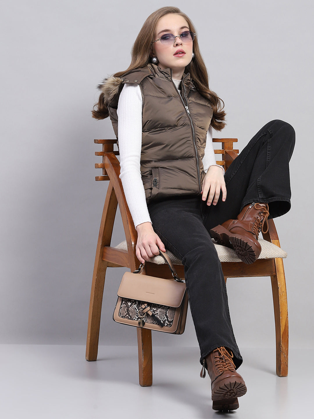 Women Brown Solid Detachable Hood Sleeveless Jacket