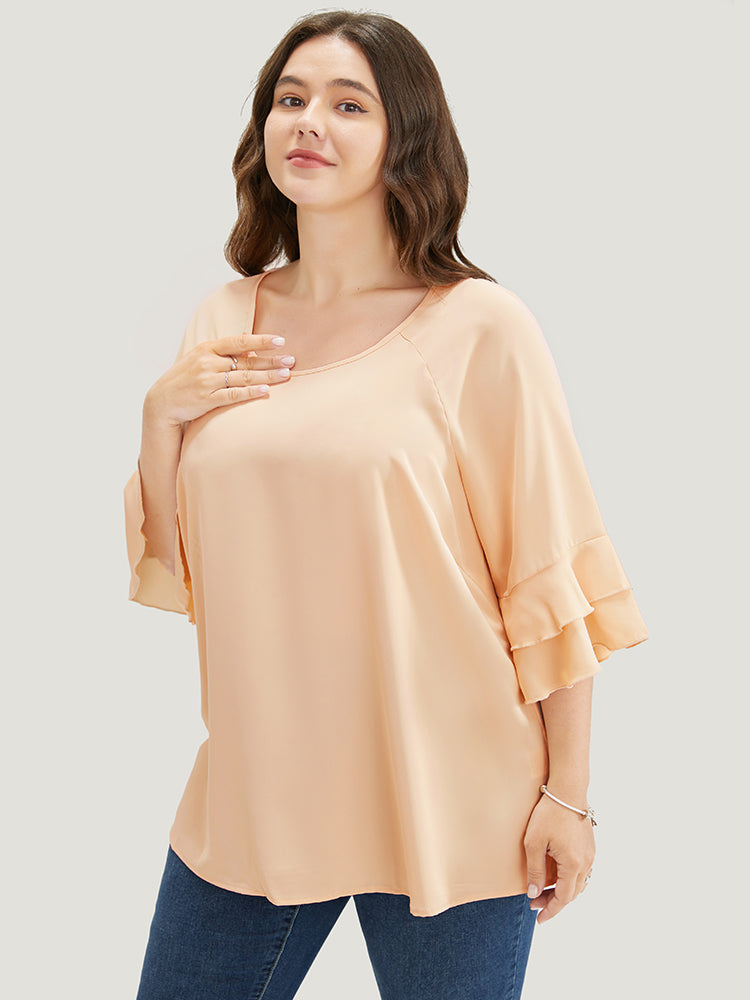 Plain Ruffle Tiered Round Neck Blouse