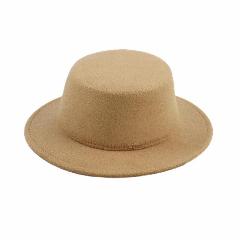 Retro Pure Black Flat Top Hat Couple Men And Women Gentleman's Hat Spring And Autumn Performance Big Brimmed Woolen Warm Hat
