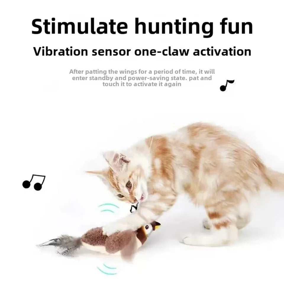 Interactive Chirping Bird Cat Toy – USB Rechargeable. Touch-Activated. Flapping Wings & Cat Teaser Attachment