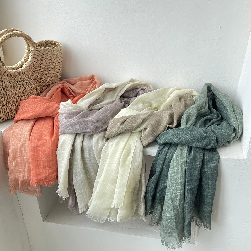 Elegant Contrast Color Artistic Scarf Women's Mori Cotton Linen Spring And Summer Thin Long Gradient Silk Scarf Neck Protecting Shawl Women