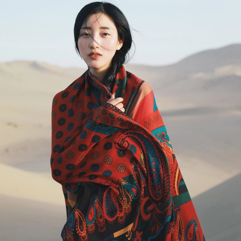 Silk Scarf Women's Summer Seaside Beach Sunscreen Shawl Scarf Dual-use  Long Ethnic Style Plus Size Travel Silk Scarf
