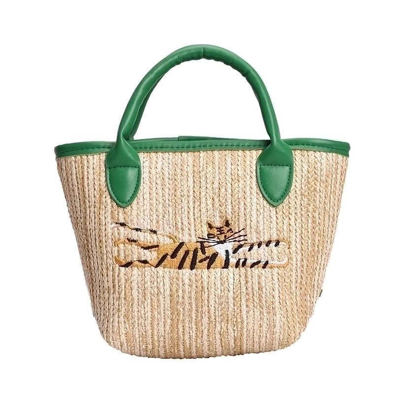 Women's Medium Straw Tiger Ethnic Style Zipper Straw Bag