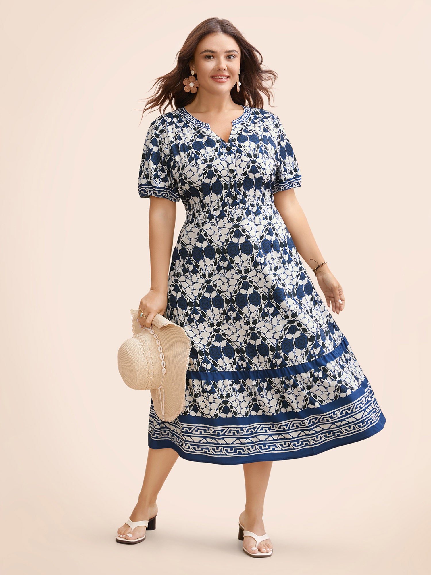 Bandana Print Notched Lantern Sleeve Dress