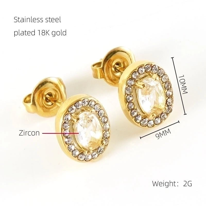 1 Pair Shiny Oval Inlay Stainless Steel Zircon 18K Gold Plated Ear Studs