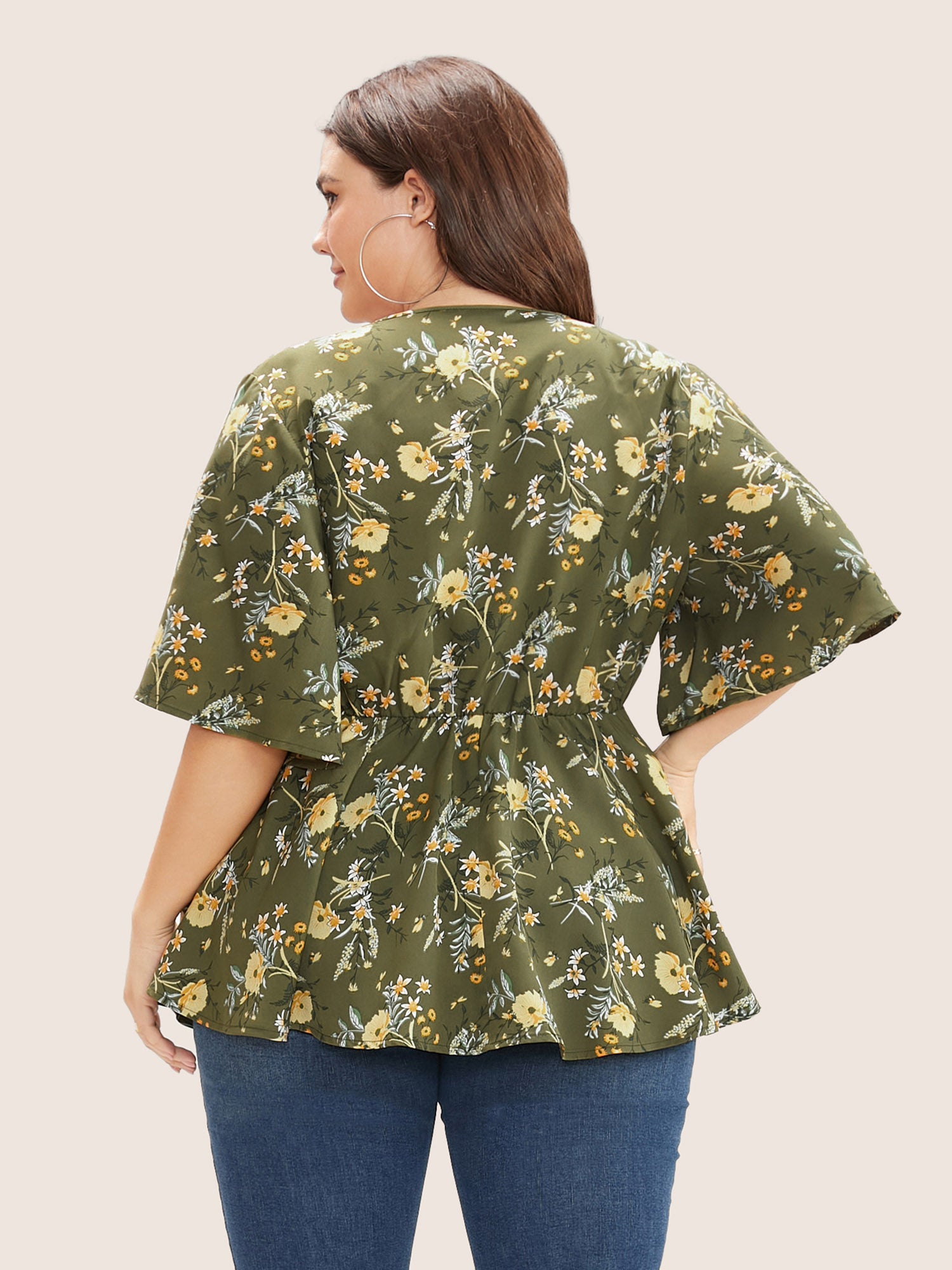 Floral Print Ruffles Surplice Neck Blouse