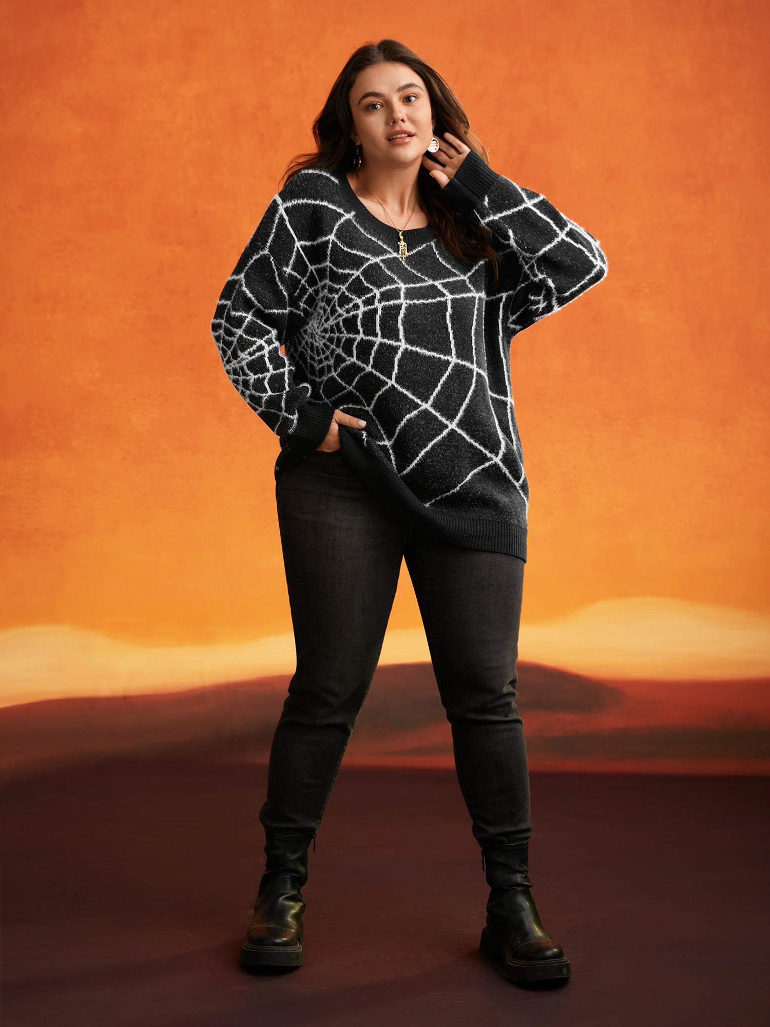 Textured Spider Web Crew Neck Pullover