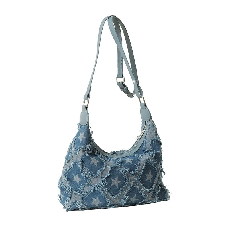 Women's Small Denim Star Streetwear Zipper Underarm Bag