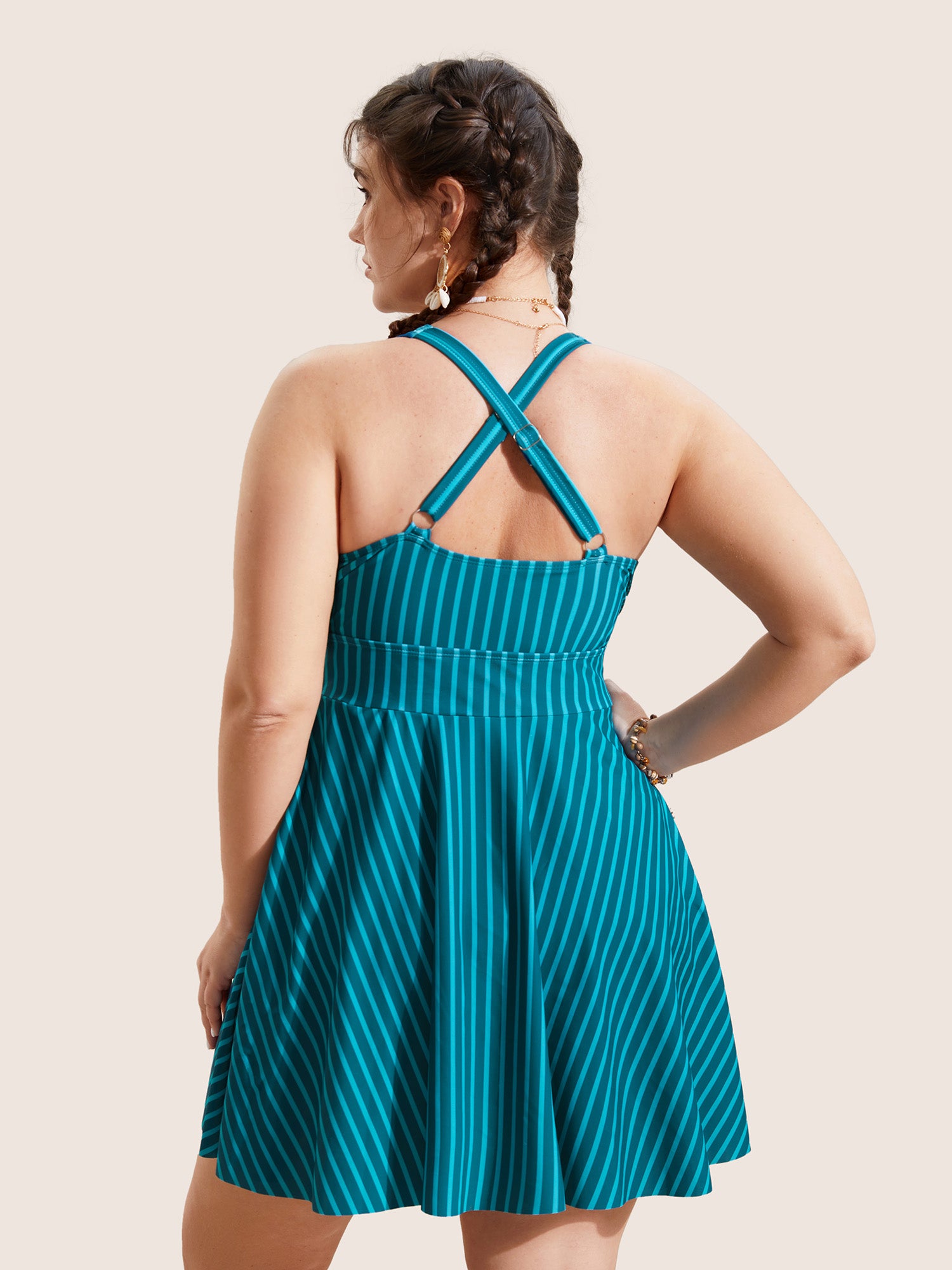 Overlap Collar Striped Tie Knot Swim Dress