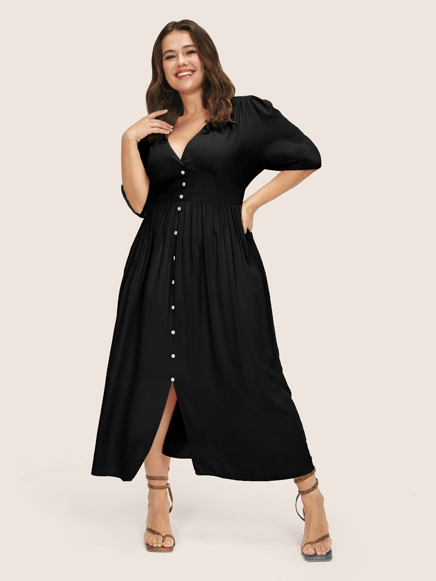 Plunging Neck Button Detail Pocket Maxi Dress