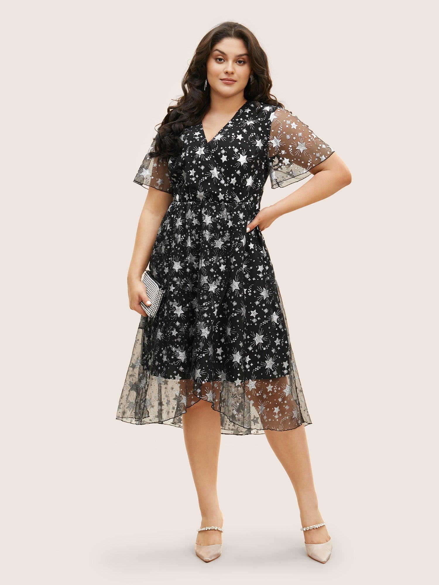 Glitter Star Mesh Patchwork Ruffle Sleeve Dress