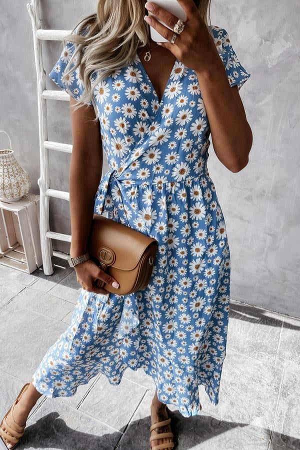 Floral V-neck Wrapped Midi Dress